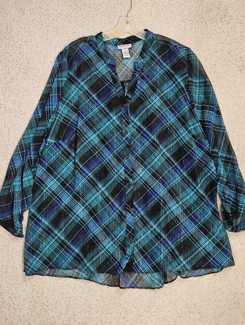 Catherines Tunic Sheer Button Up Plaid Blue Green Metallic Womens 3x Office